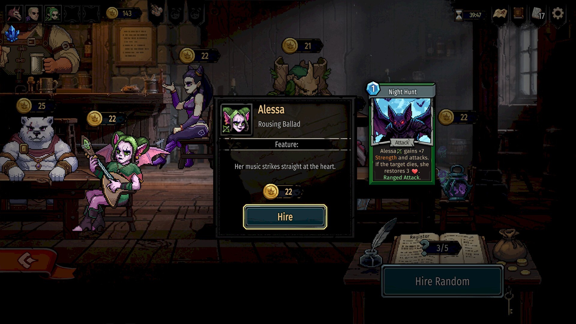 Recruiting the winged bard Alessa in the Mirrorbane tavern