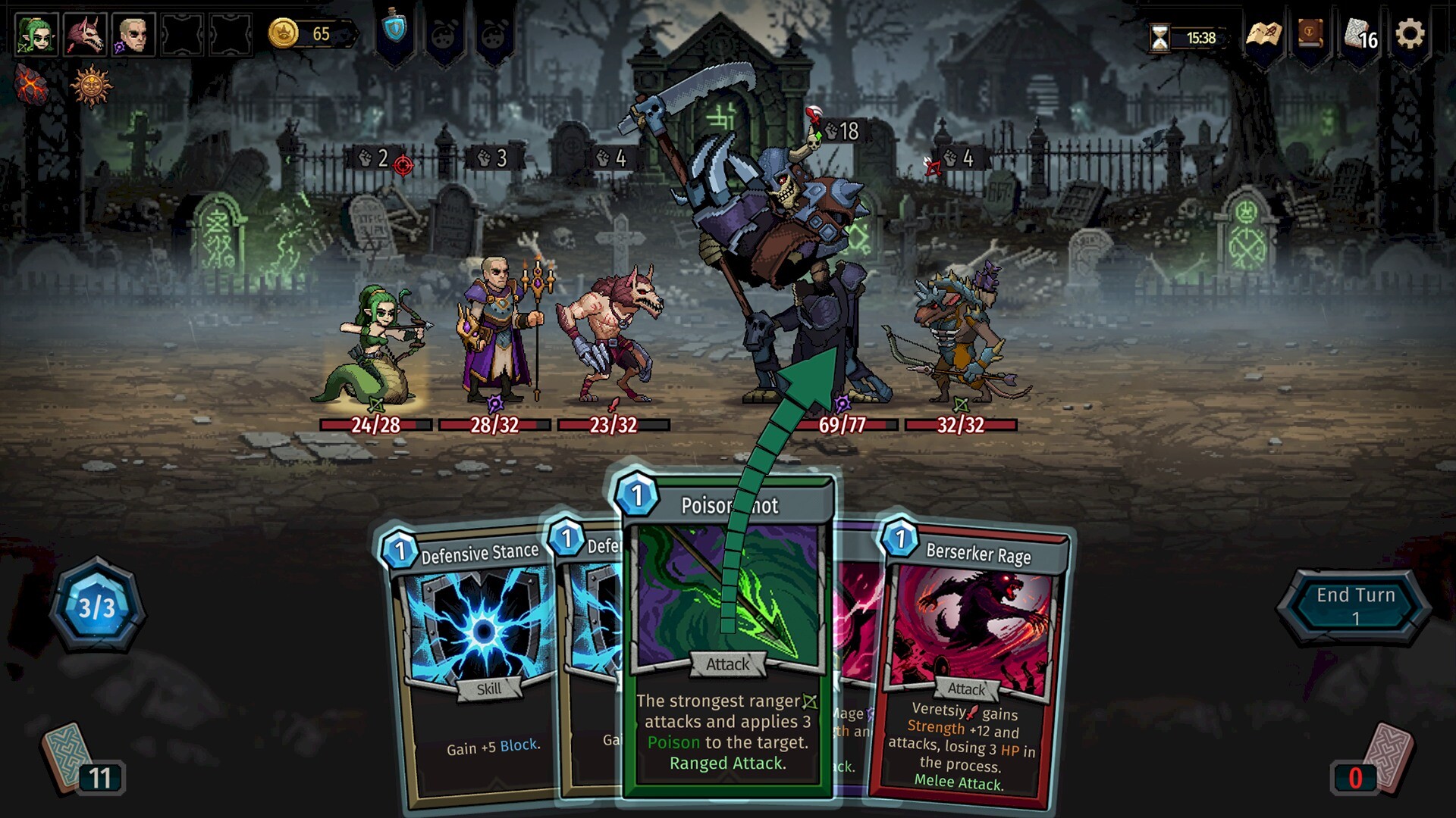 A tactical card battle against a towering undead warrior