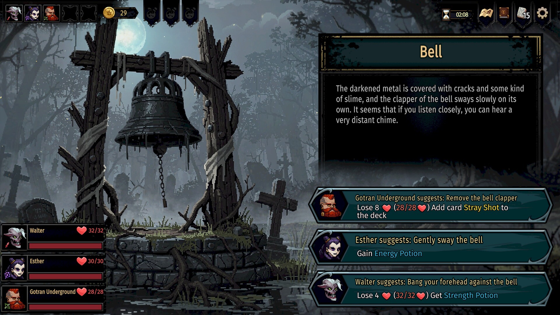 A cracked bell encounter with choices proposed by three heroes